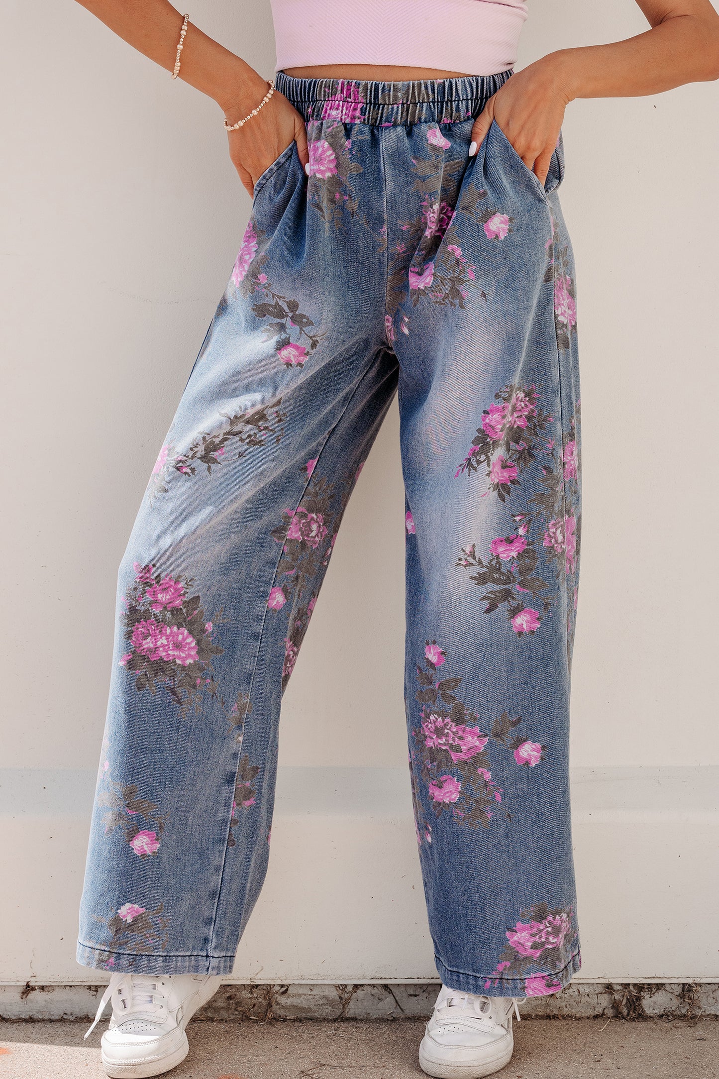 Floral Print Elastic Waist Jeans