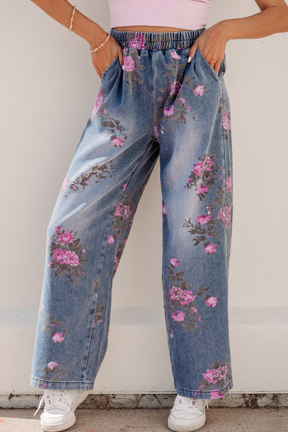 Floral Print Elastic Waist Jeans
