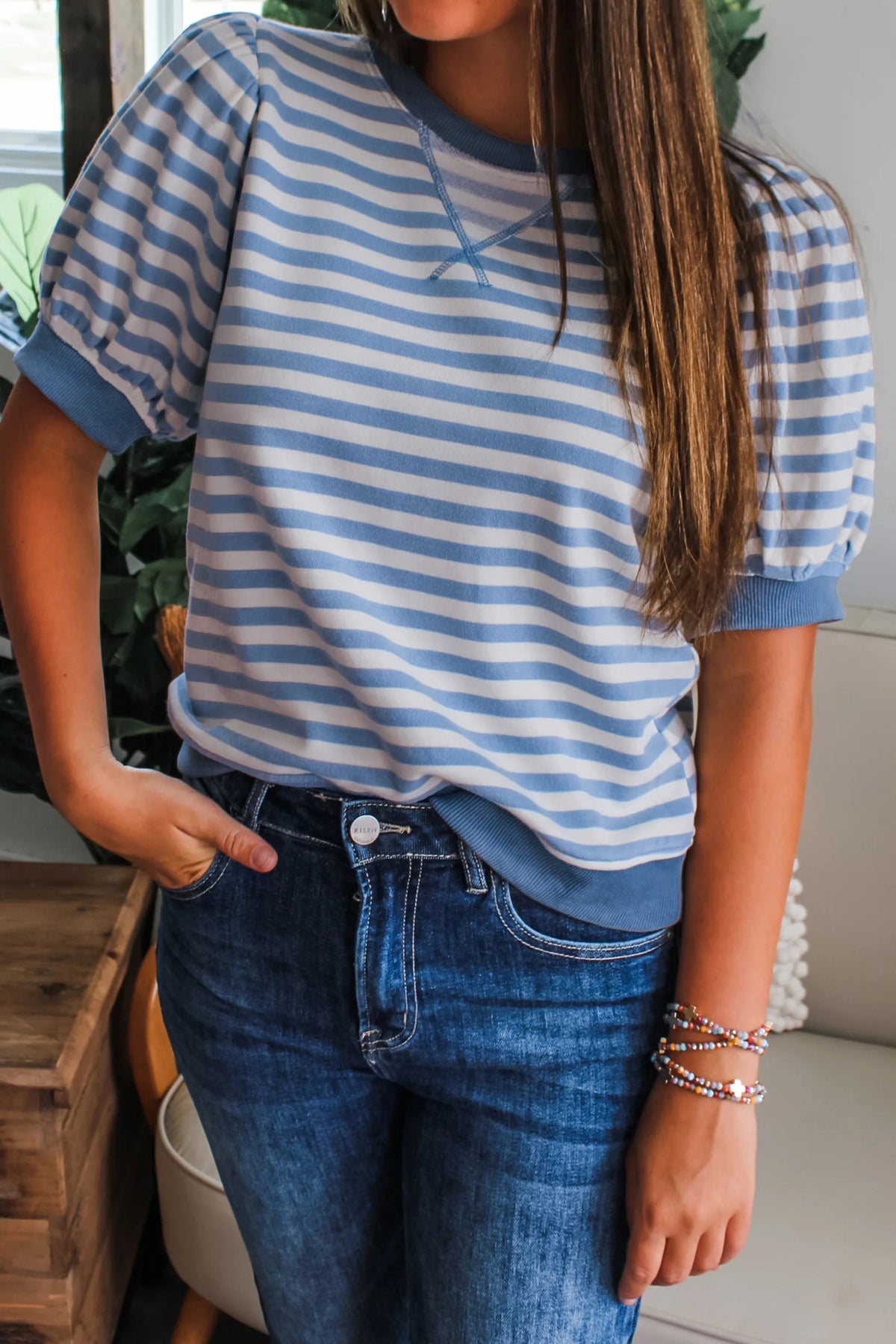 Stripe Bubble Sleeve T Shirt