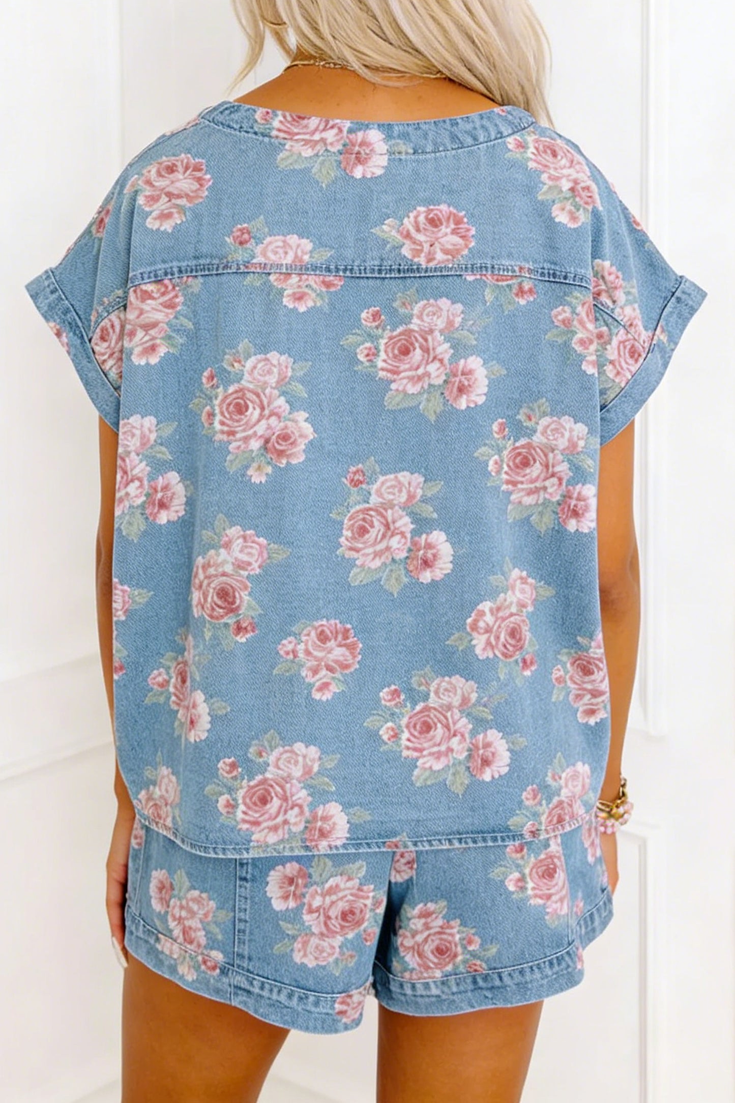 Floral Denim 2pcs Shorts Set