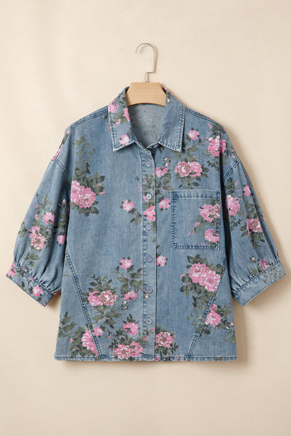 Blue Floral Denim Shirt