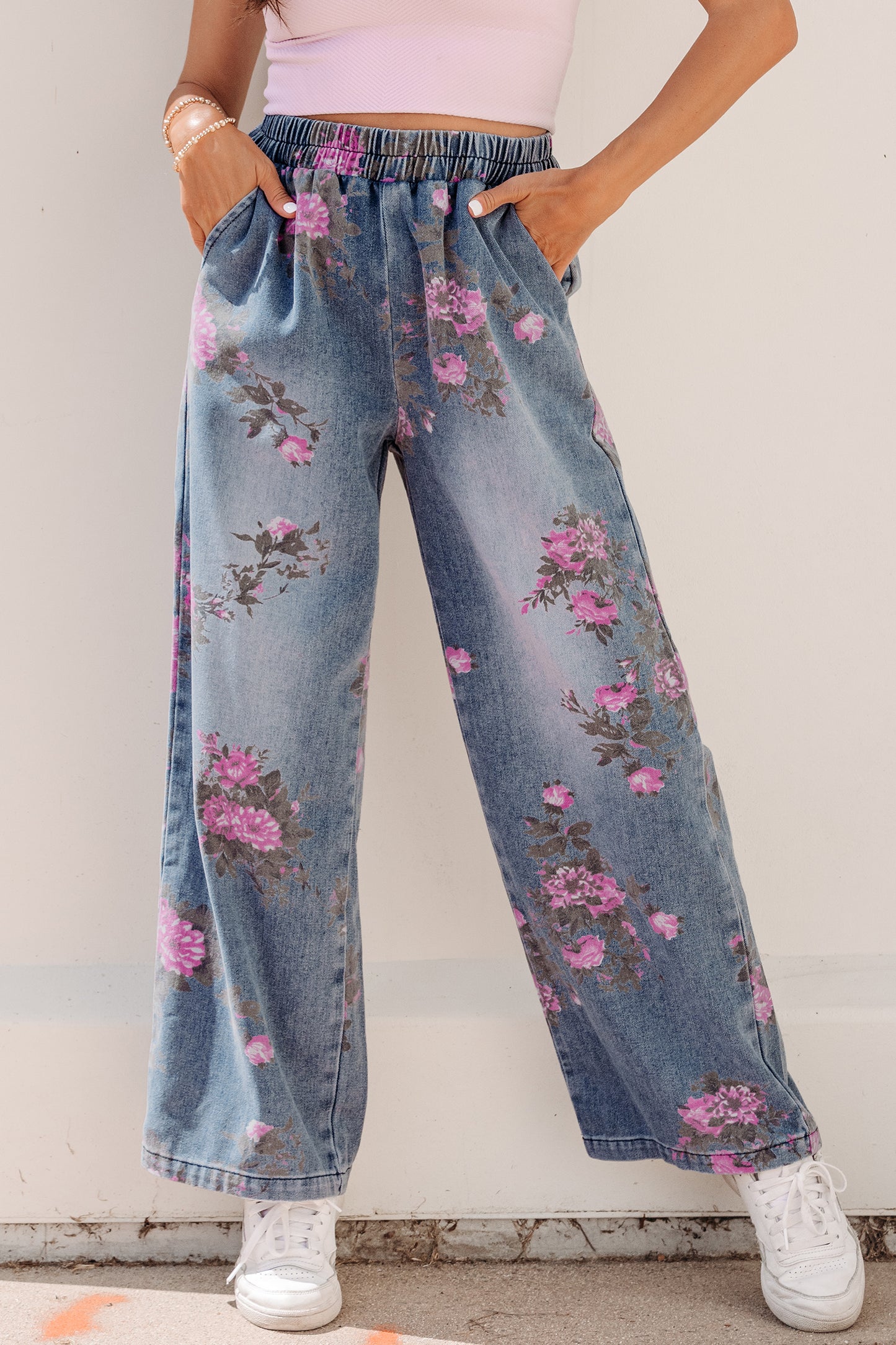 Floral Print Elastic Waist Jeans