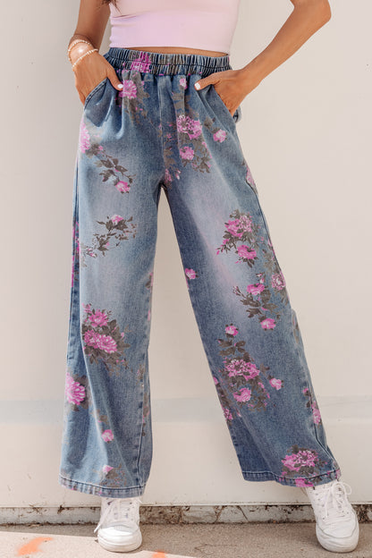 Floral Print Elastic Waist Jeans