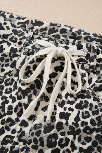 Leopard Print Drawstring Waist Straight Leg Jeans