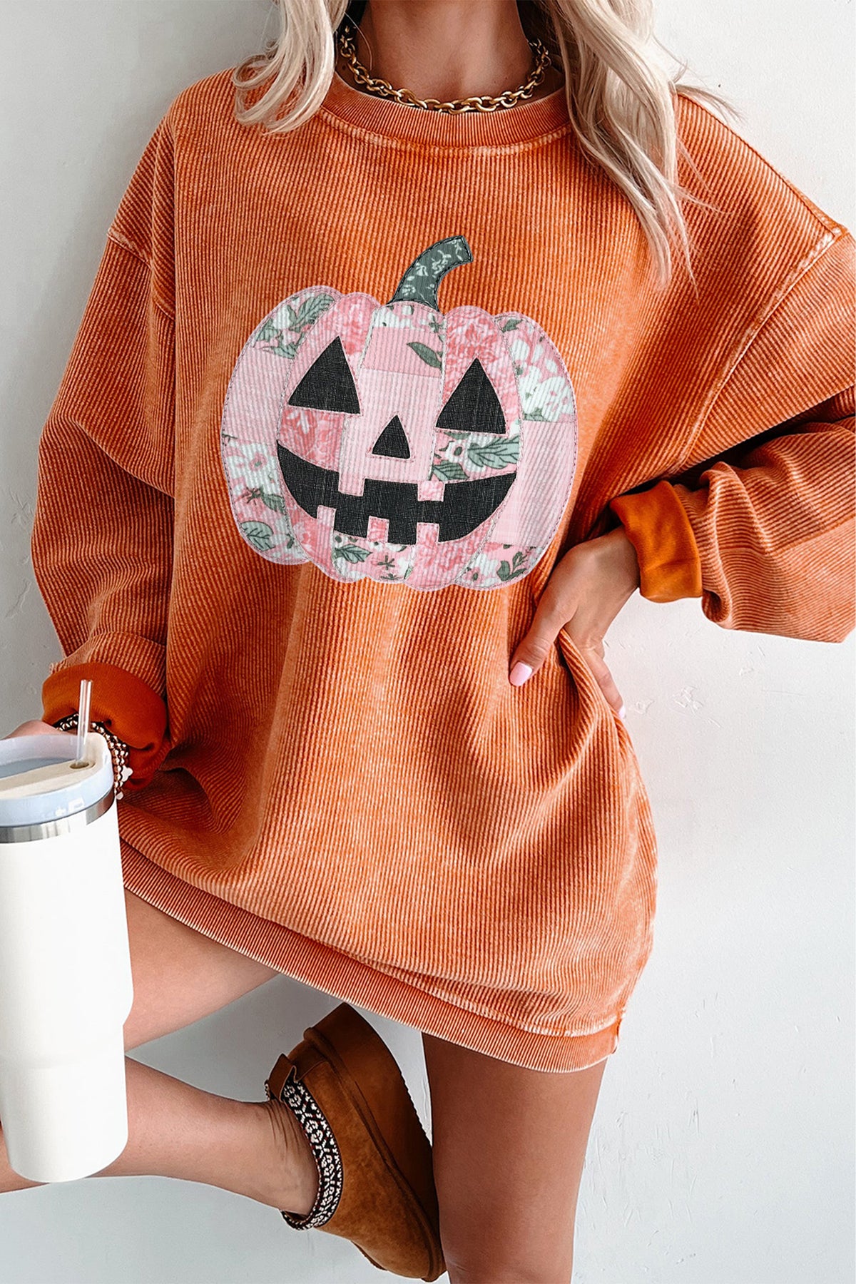 Patchwork Pumpkin Corded Ribbed Round Neck Tunic Sweatshirt