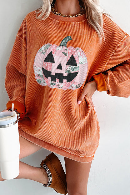 Patchwork Pumpkin Corded Ribbed Round Neck Tunic Sweatshirt
