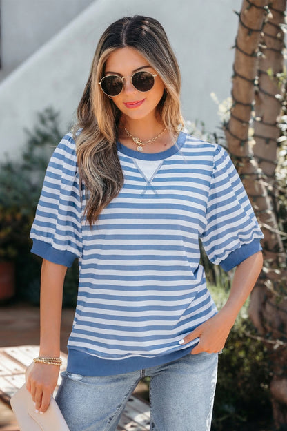 Stripe Bubble Sleeve T Shirt