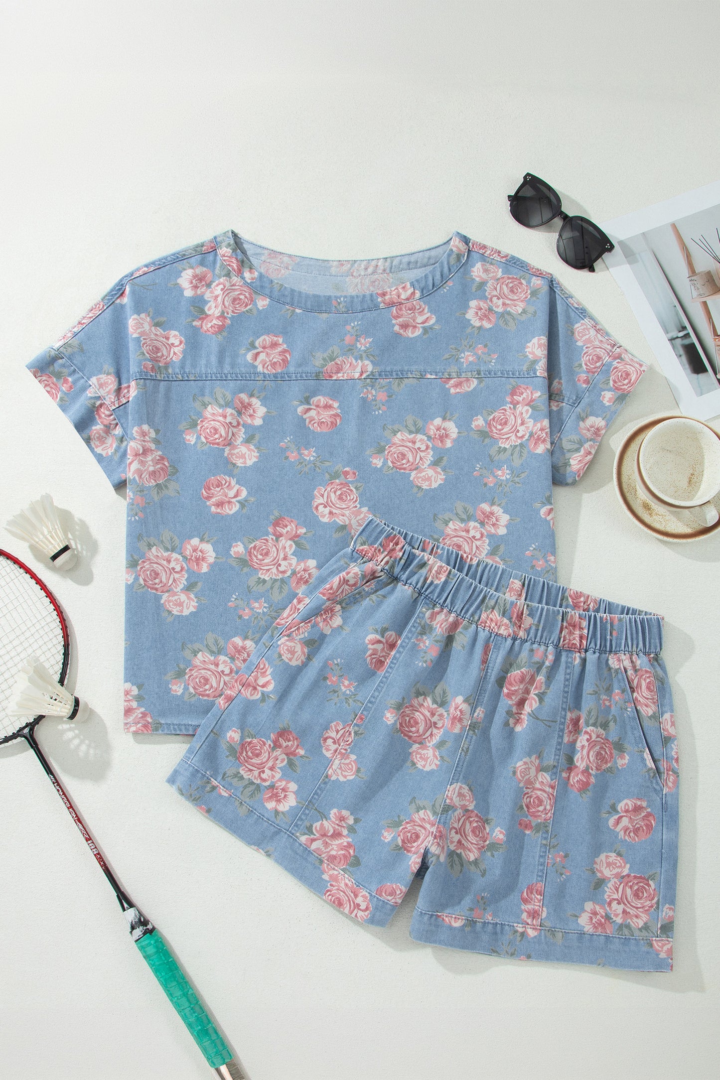 Floral Denim 2pcs Shorts Set