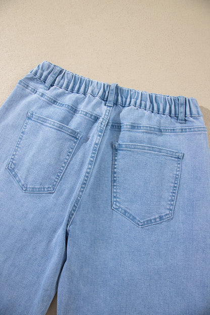 Beau Blue Solid Color Square Patch Pocket Ankle-length Barrel Jeans