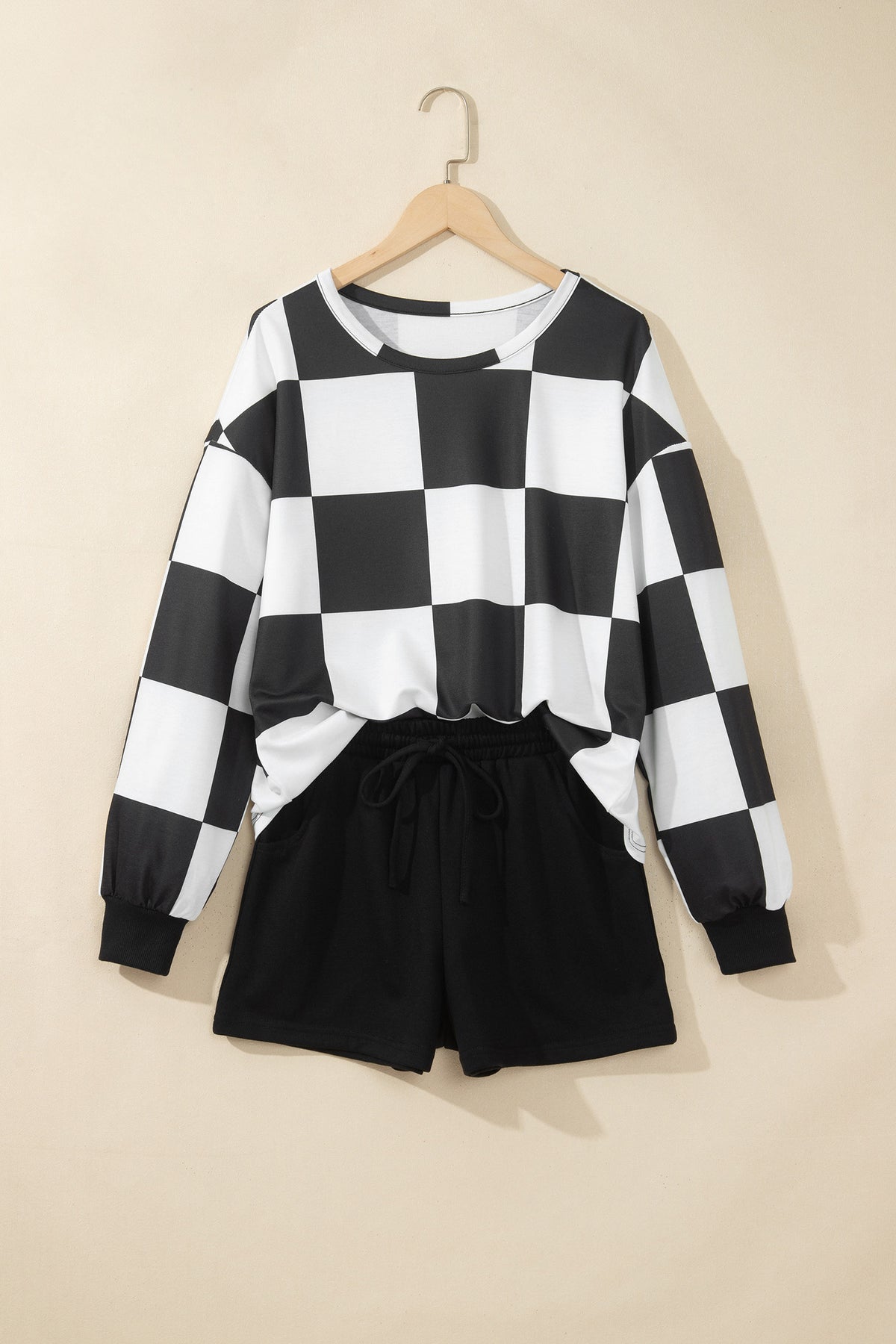 Checkered Long Sleeve Top/Shorts 2pcs Set