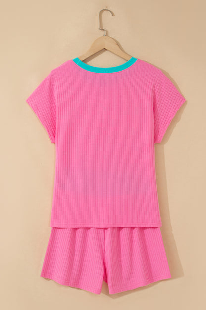 Soft Ribbed Color Block Trim Casual Short Set
