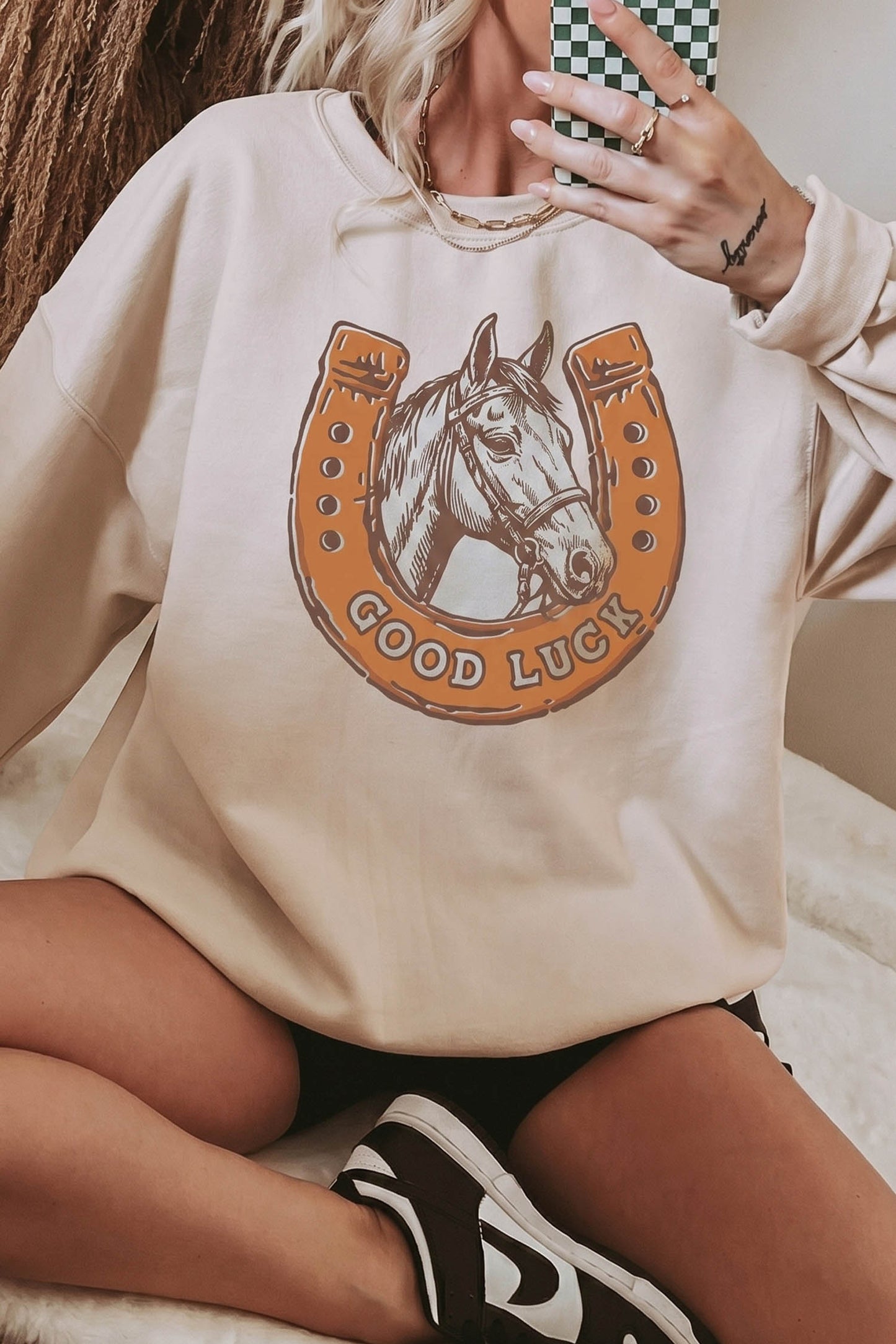 Beige GOOD LUCK Western Horse Print Oversized Pullover Sweatshirt