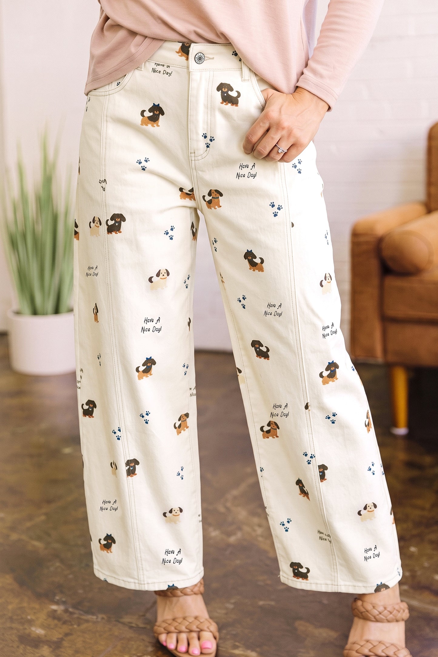 Dog Print Wide Leg Jeans