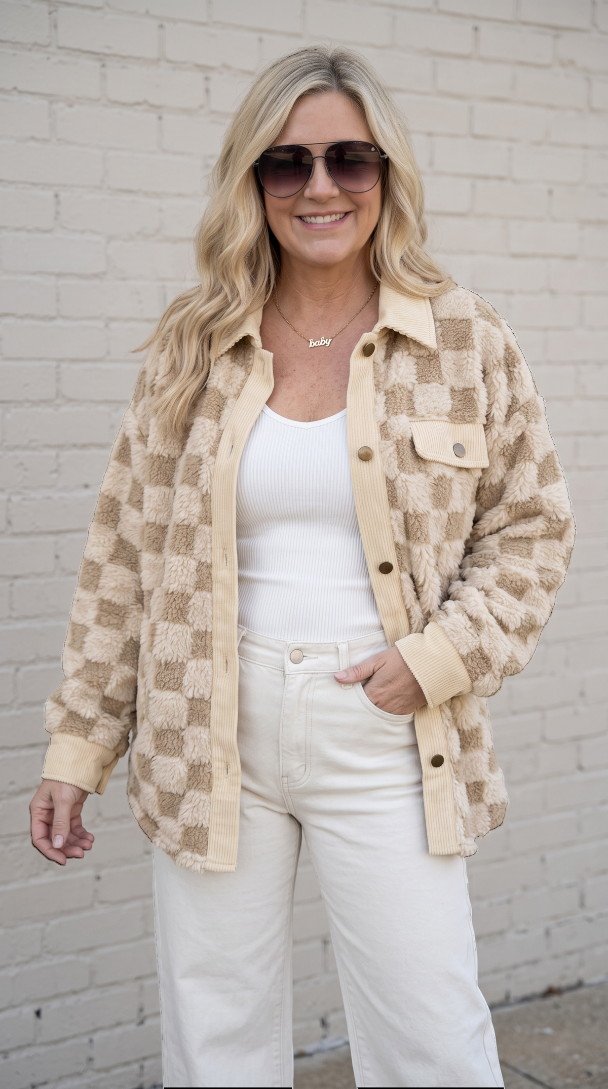 Khaki Plush Checkered Corduroy Trim Metal Button Long Sleeve Shift Silhouette Shacket